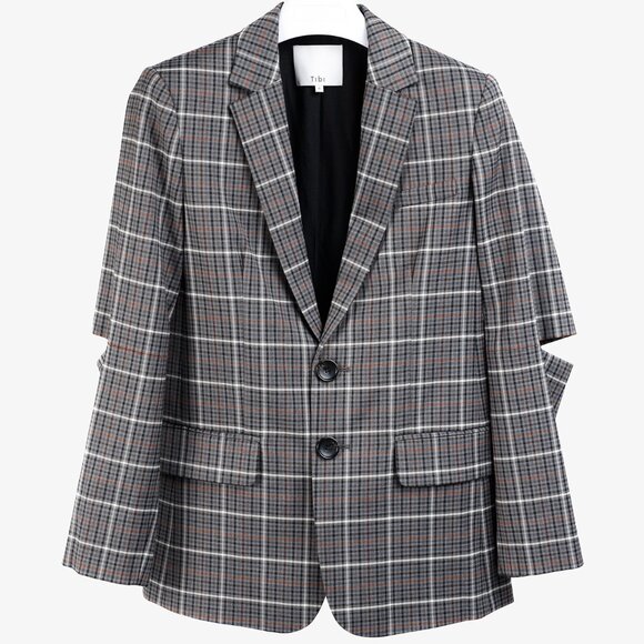 Tibi Gabe Blazer Slit-Elbow Grey Multi Windowpane Check Blazer - Picture 2 of 11